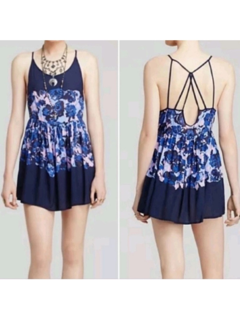 Free People Intimately Viola Strappy  Blue Floral Voile Slip Dress size L
